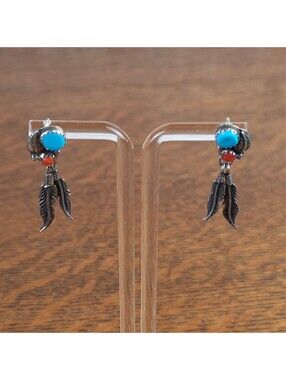 Vintage Richard Begay RB Sterling Silver Turquoise Coral Feather Drop Earrings